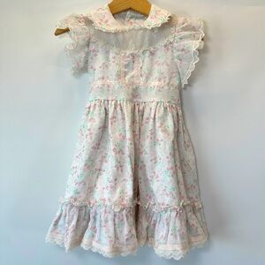 VTG Bryan Pinafore Dress White Pink Flowers Lace Swiss Dot Girls 4 Made‎ In USA